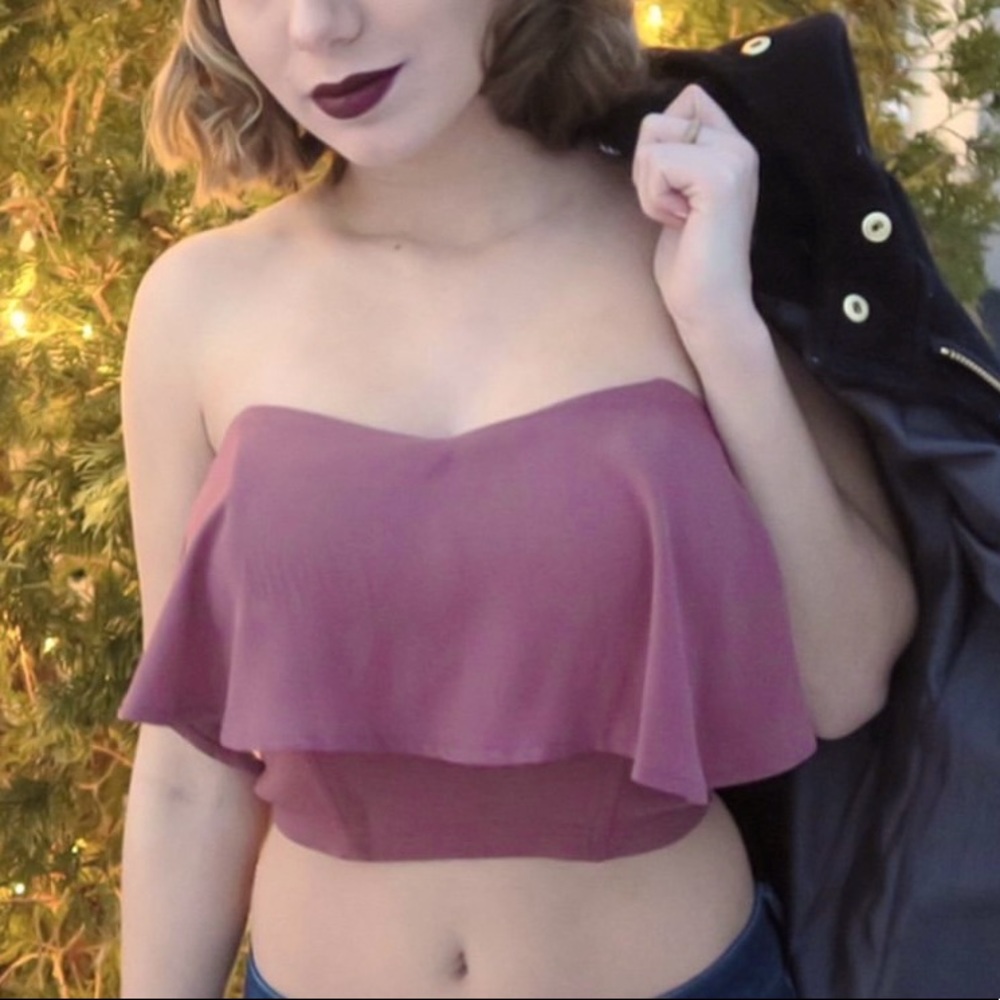 Strapless crop top with chiffon overlay